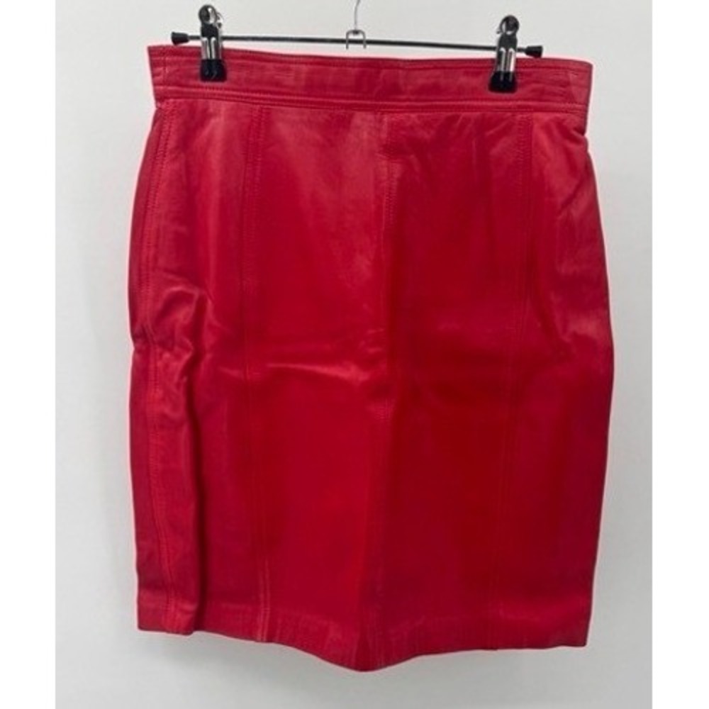Vintage Womens Red Leather Pencil Skirt LARGE High Waisted Edgy Bold Statement